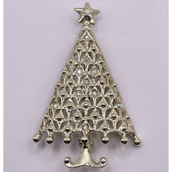 Vintage TANCER II Silver & Rhinestone Christmas Tree Brooch Pin Shiny Estate - Picture 1 of 6
